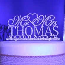 Персонализированные Свадебные топперы для торта, пользовательские имя Дата Mr Mrs акриловые золотые серебряные блестящие свадебные аксессуары для украшения торта