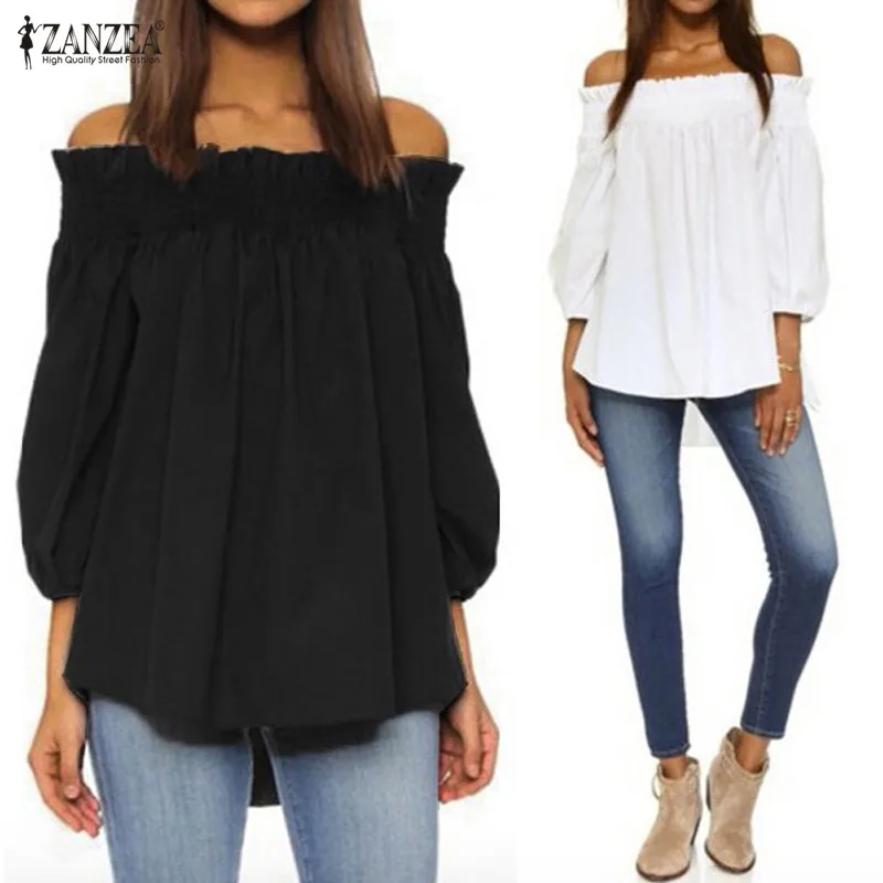 

2019 ZANZEA Vintage Women Blouses Spring Summer Sexy Off Shoulder Tops Striped Bow Casual Blusas Plus Size Party Shirt Vestidos