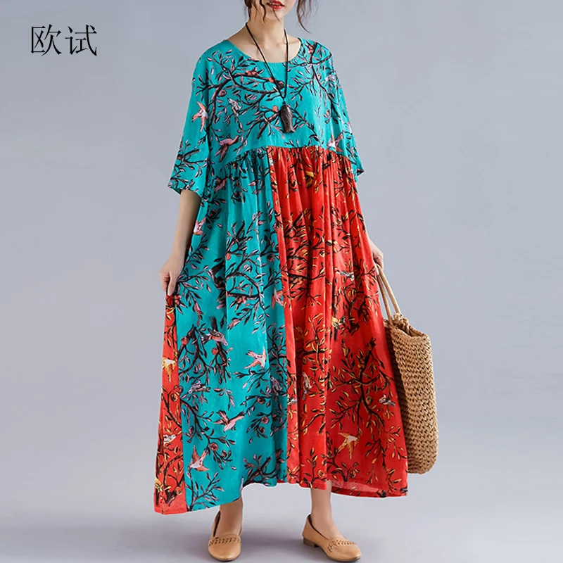 

Plus Size Floral Bird Print Long Dress Summer Ethnic Patchwork Women Casual Loose Dresses Cotton Linen Beach Dress 2019 Vestidos