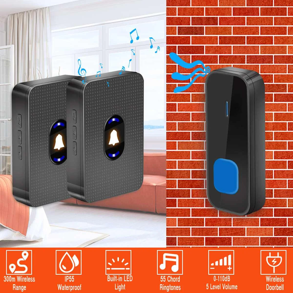 

UK/EU/US Plug Wireless LED IP55 Waterproof Door Bell Cordless 1000ft/300M Range 55 Chime Doorbell 110-260V for Villas Hotels