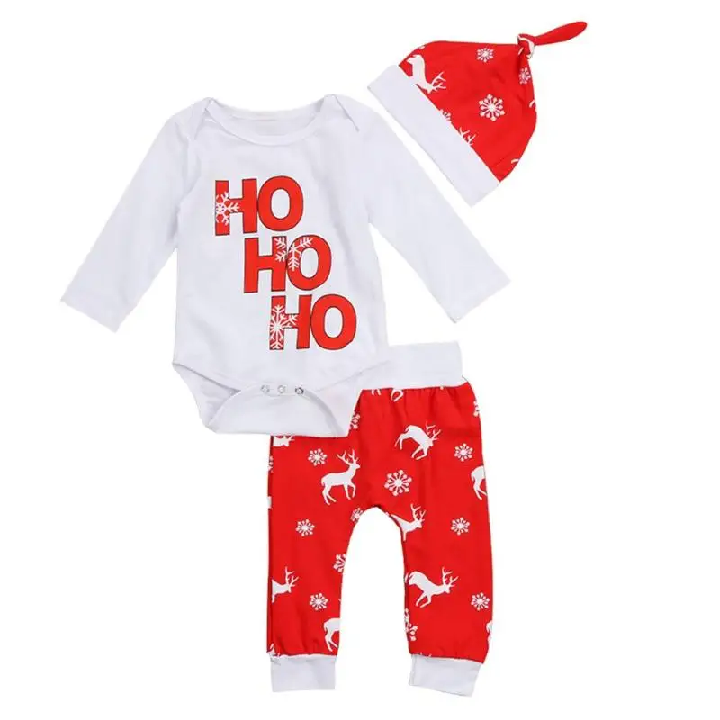 Christmas Clothes Set Cotton Cute Elk Print 3pcs Baby Rompers Pants Hat  autumn newborn baby clothes  For Girls Clothing Sets