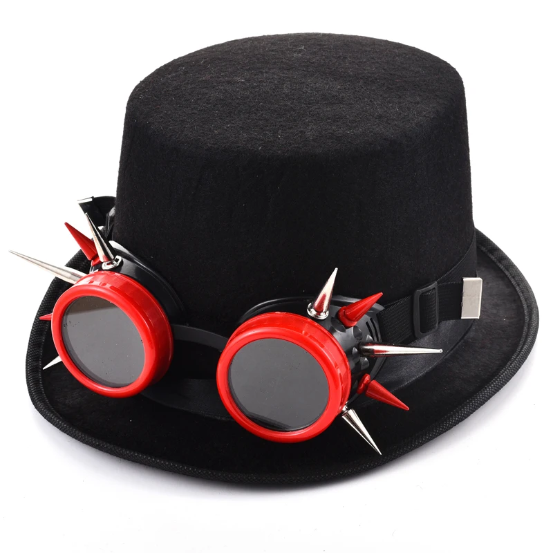 Steampunk Hats with Red/Black Goggles Men Women Fashion Rivet Goggles