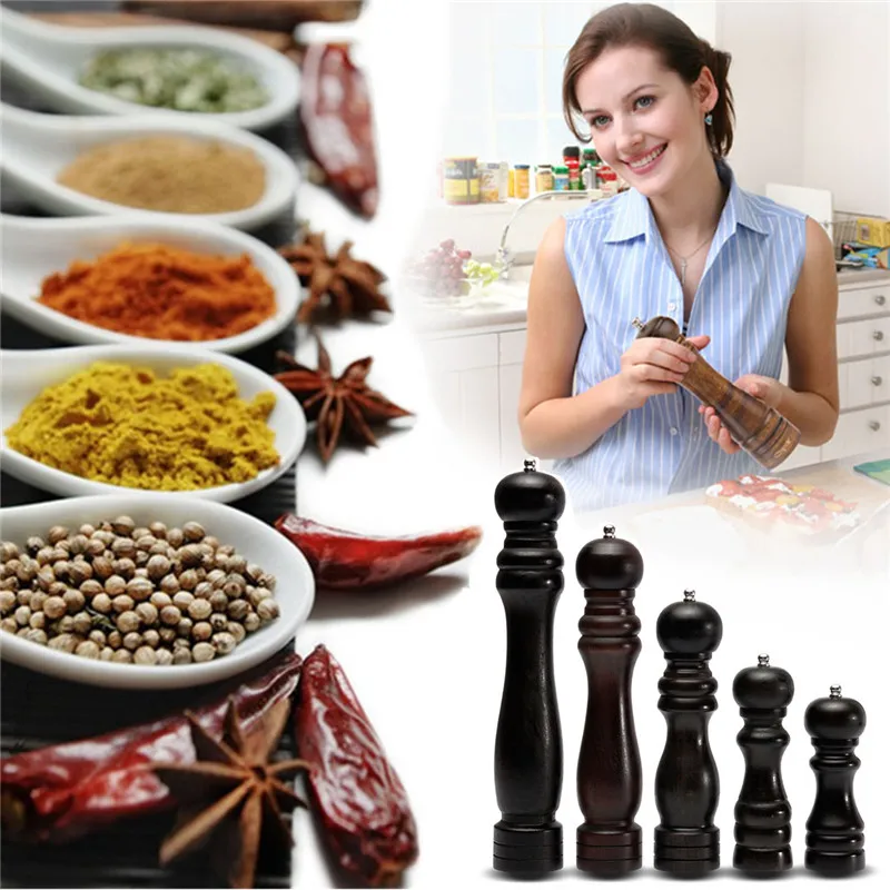 

Utility 5-12 Inch Classical Wood Pepper Spice Mill Grinder Set Handheld Seasoning Mills Grinder Cooking BBQ Tools Set