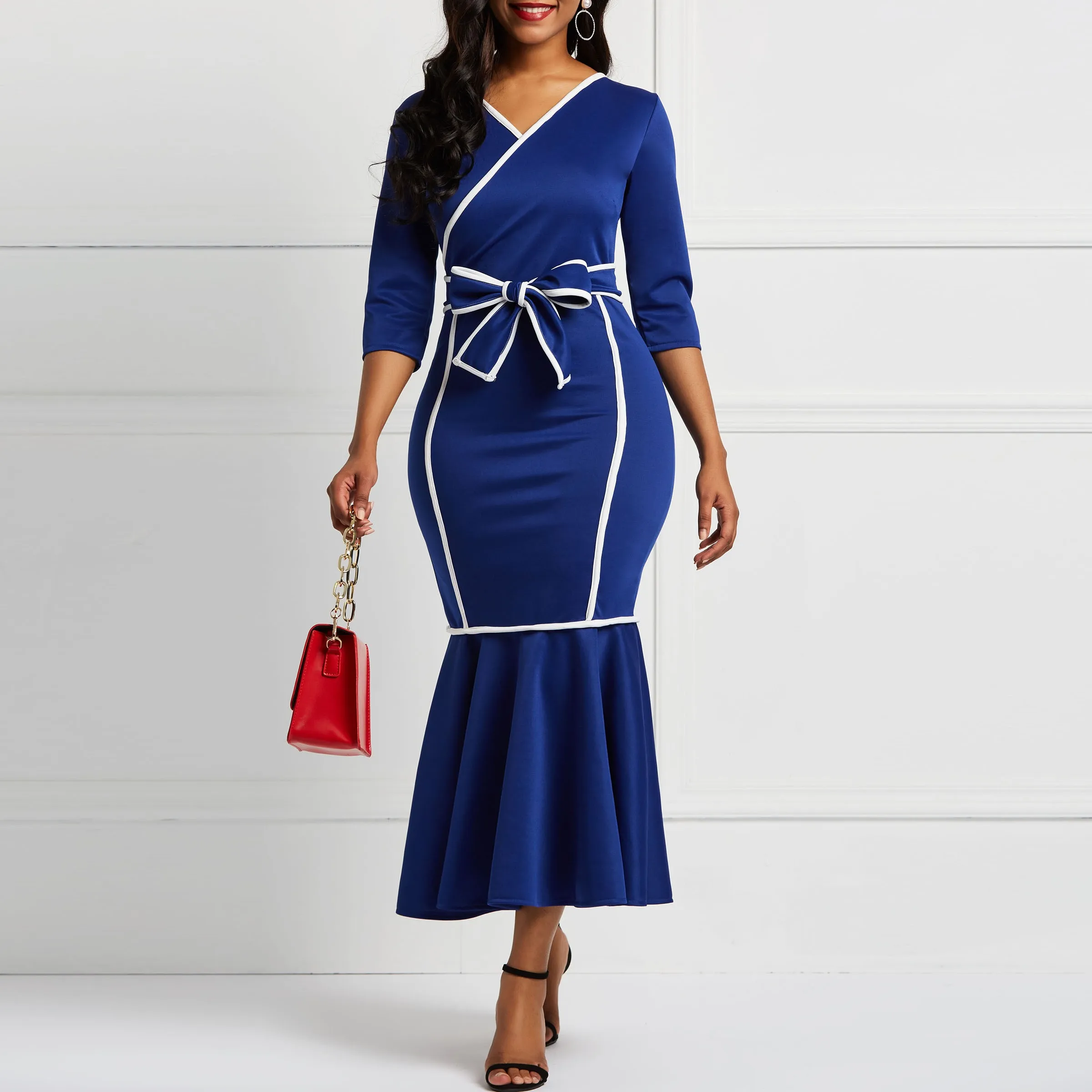 

Long Sleeves Mermaid Falbala V-Neck Color Blocking Women midi Dresses Bowknot Elegant Female Party Christmas Dinner Dress