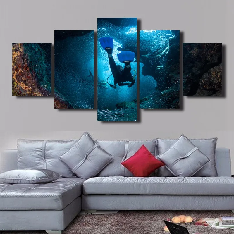 

Canvas Painting Wall Art Pictures Frame Home Decor 5 Pieces Coral Diver Underwater World Poster Modern HD Printed Photo