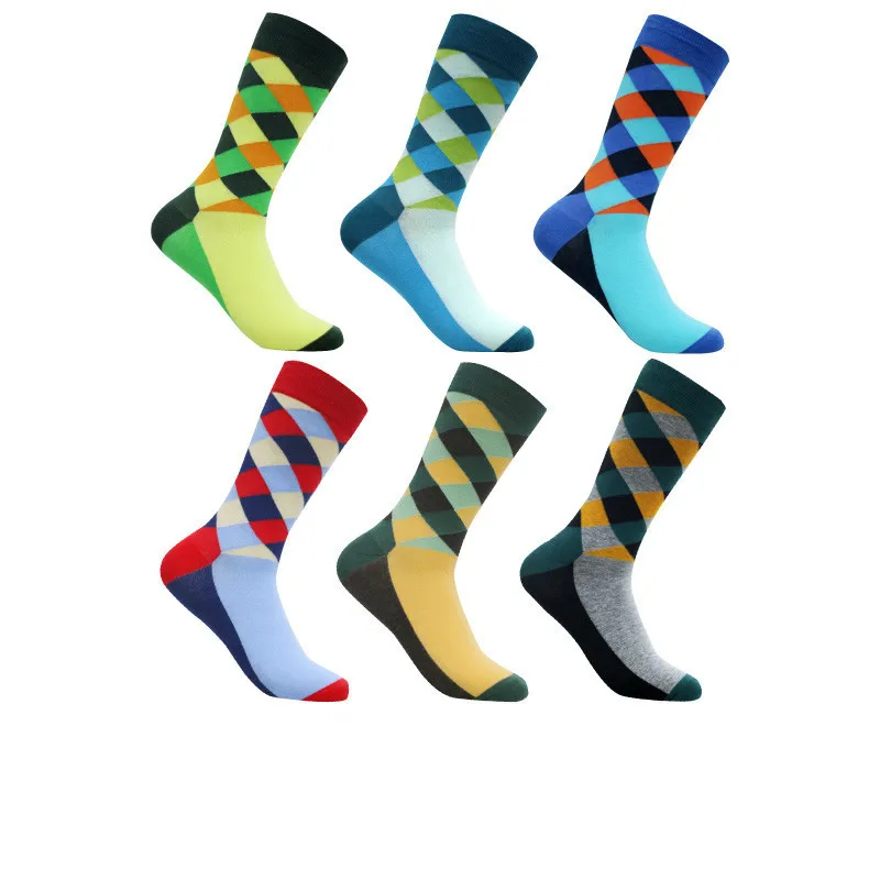 

PEONFLY Novelty Colorful Men's Socks Pattern Argyle Striped Diamond Combed Cotton Crew Wedding Socks Best Gift