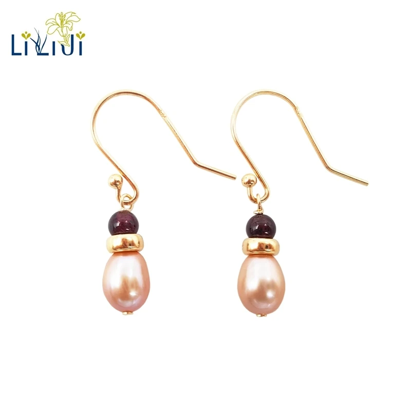

Lii Ji High Luster Pink purple Freshwater Pearl, Garnet 925 sterling silver Gold Color Handwork Drop Earrings