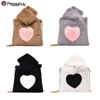 

New Cute Plush Handbags Female Messenger Bag Fashion Casual Chain Love Heart Shoulder Tote Bags for Women