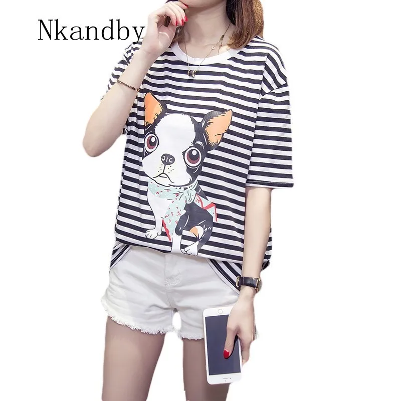 

Nkandby Short Sleeve Women`s T-shirt Plus size Striped Ladies Tshirts Dog Printing Cotton Femme T shirt 2019 Summer Basic Tops