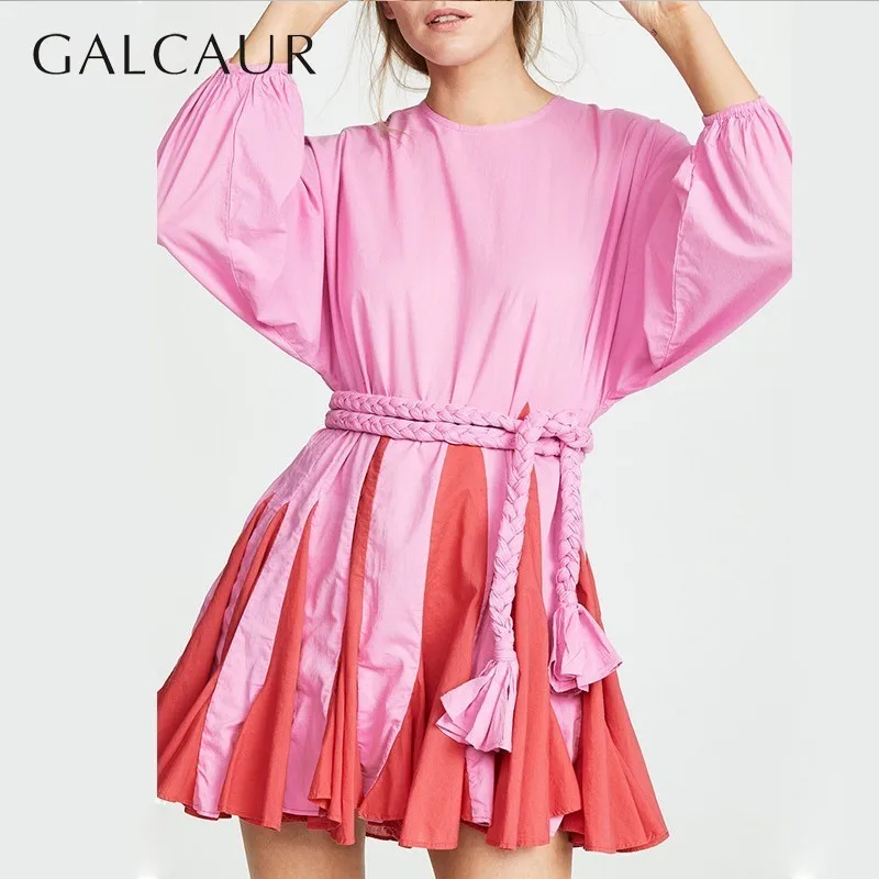 

GALCAUR Casual Dress For Women Lantern Long Sleeve Lace Up High Waist Hit Color Patchwork Dresses Female Spring 2019 Fashion