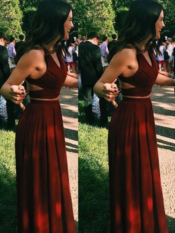 

Burgundy Chiffon A-line Sleeveless Halter Neck Formal Gown Two Piece Prom Dress Crop