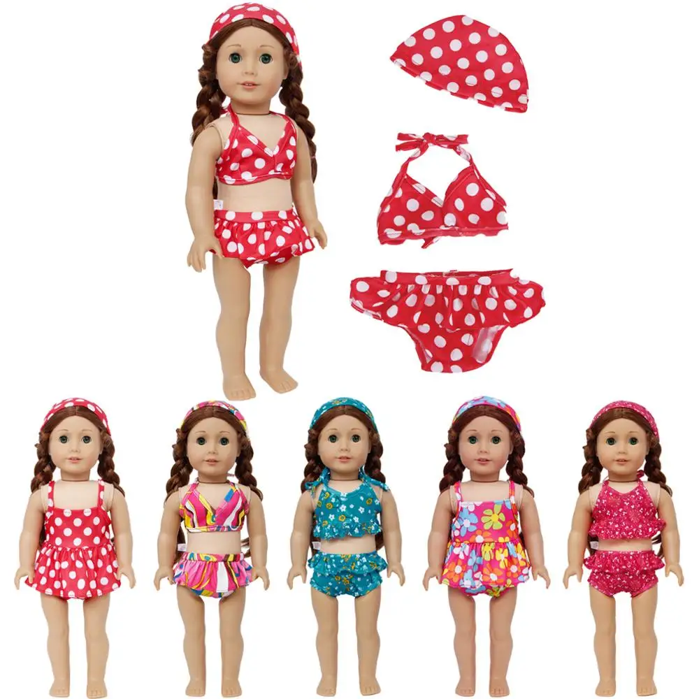 

3 in 1 Handmade Doll Swimsuit Bikini Outfit Swimming Underwear + Cap Summer Swimwear Clothes For American Girl Doll 43cm Kid Toy