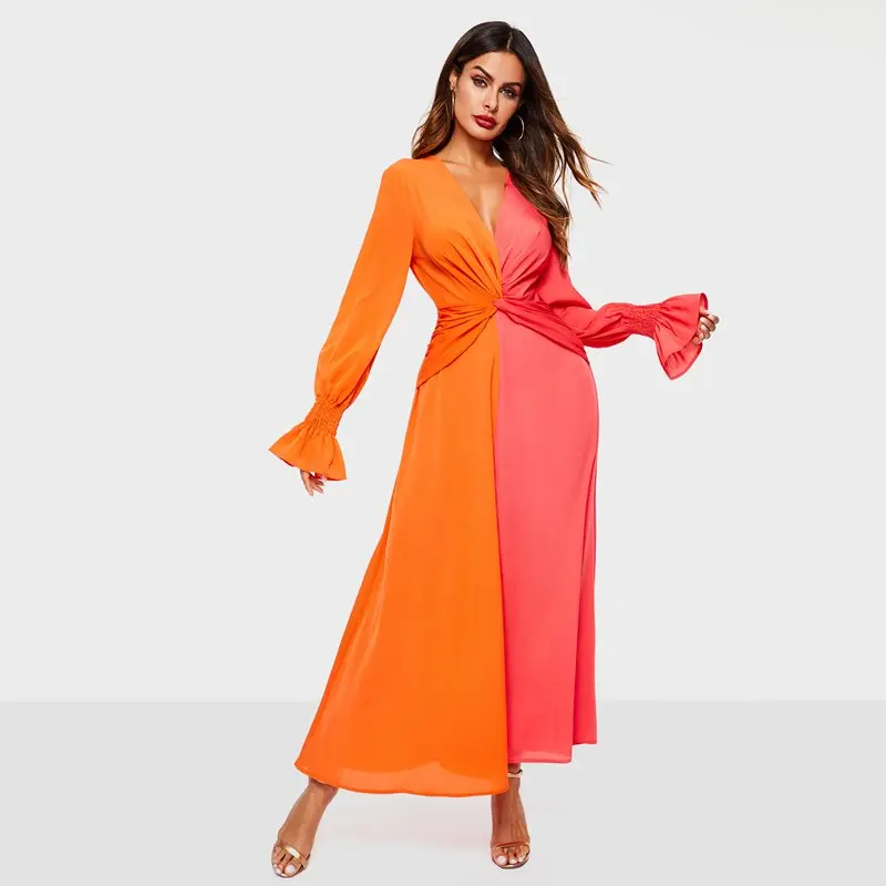 Халат vestidos femme элегантный Для женщин летнее платье Цвет блокирование Sexy Глубокий