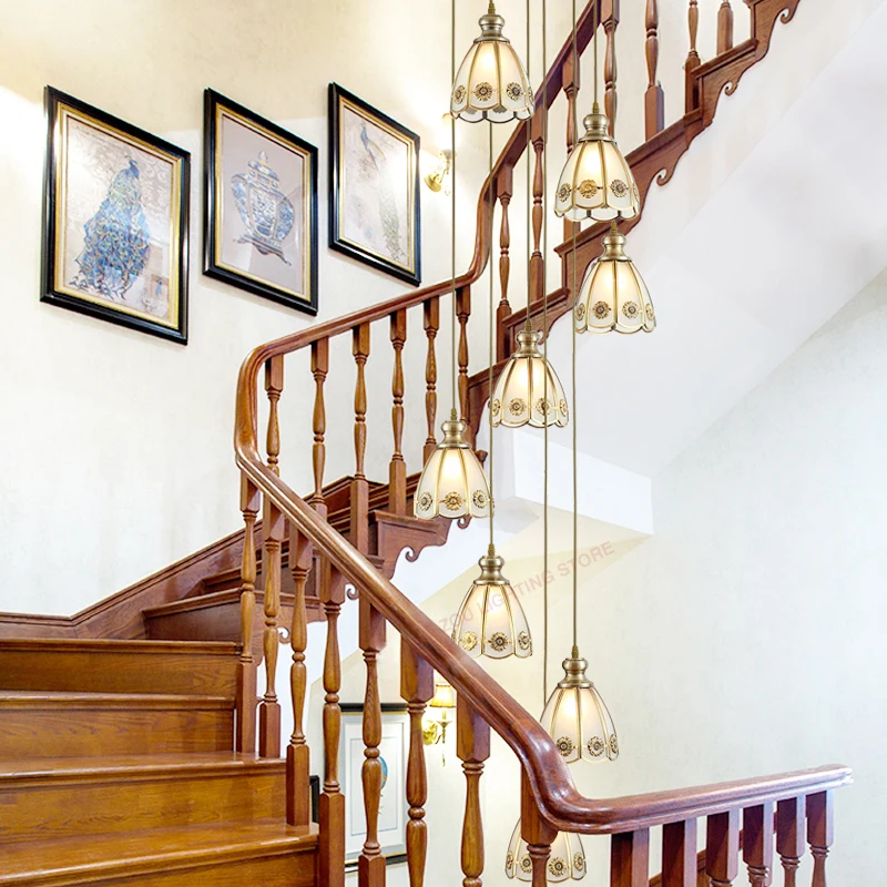 

European style copper led staircase chandelier Rotating high-rise decorative lighting