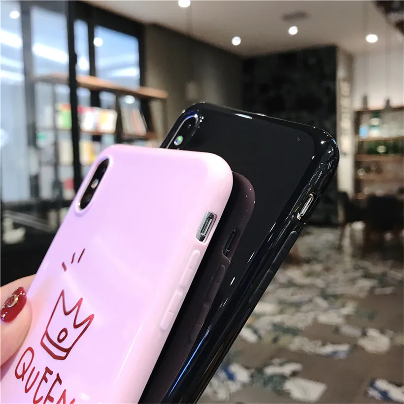 USLION Cartoon Crown Phone Case for iPhone 6 6s 7 8 Plus Silicon TPU Cases For iPhone XR XS Max Letter King Queen Back Cover