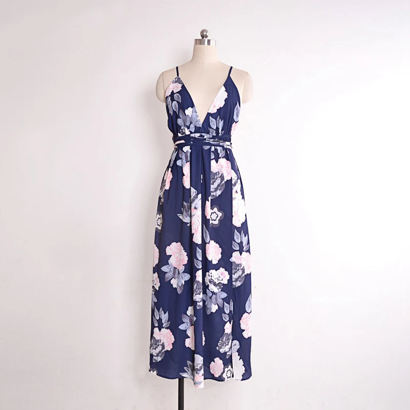 

2019 new fashion casual vacation hot new sexy V-neck halter dress fashion printed strap beach dress
