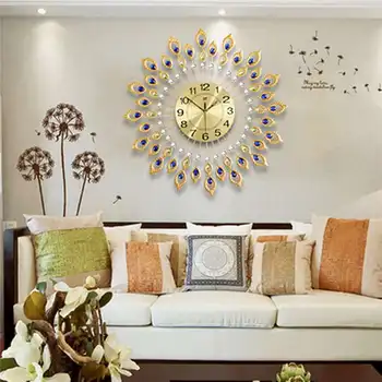 

Luxury Diamond Large Modern Design Wall Clock Metal Crystal Sunburst Peacock Rhinestone Wall Clock Clock Quartz Watch Home Decor