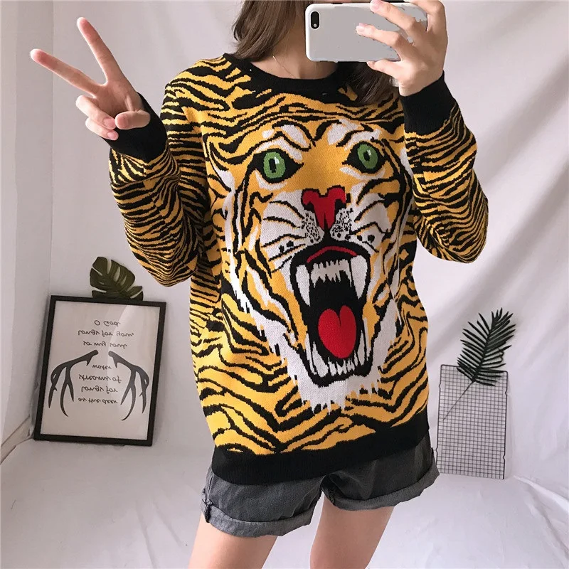 2018 Witer Yellow Striped Tiger Print Women Sweater Pullovers Runway