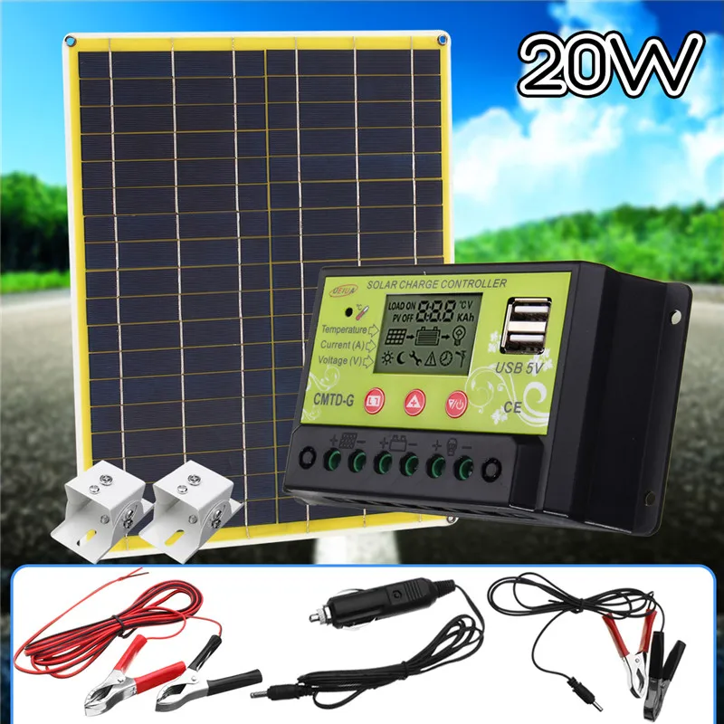 

20W 12V/5V Solar Panel USB Charger For Phone Lighting Boat +12/24V Solar Controller 2x Alligator Clip and Cable+Car Charger ect