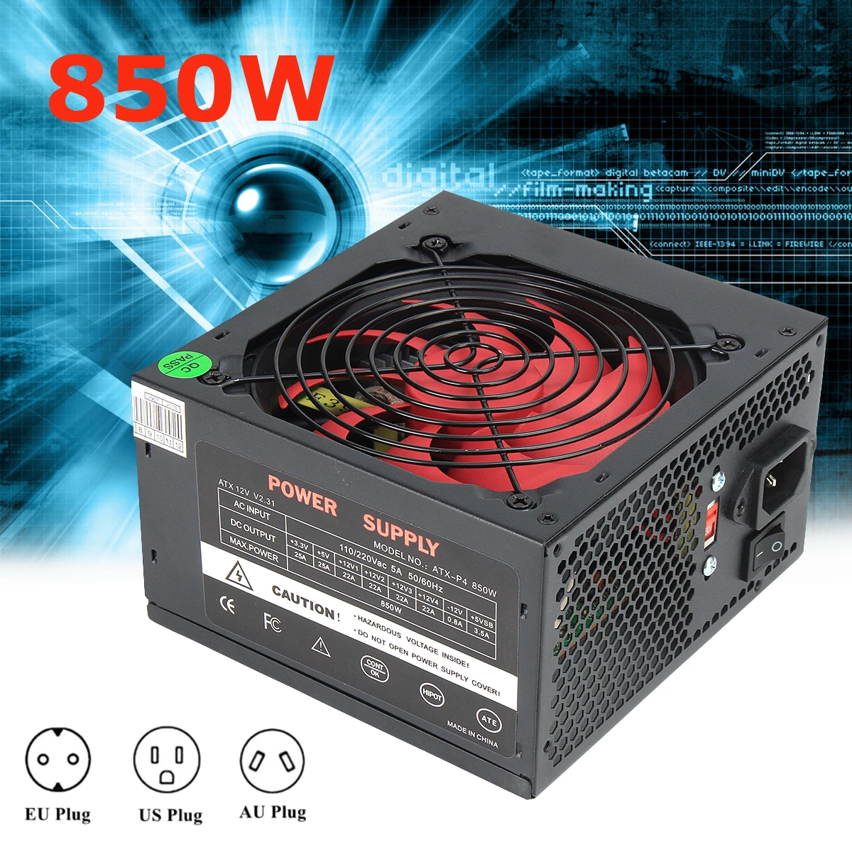 

ATX-PC US/AU/EU Plug 850W 850 Watt BTC Power Supply CPU Active PFC Efficient Fan 24Pin PCI SATA ATX 12V Molex Miner PC Power