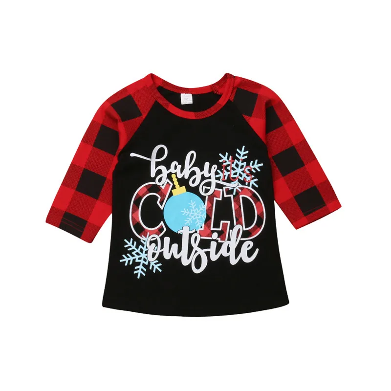 PUDCOCO/рождественские детские футболки с буквенным принтом для мальчиков и девочек, топы с длинными рукавами, футболка клетчатая хлопчатобумажная повседневная одежда