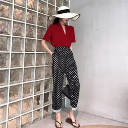 2019 летние новые винтажные с принтом в горошек шаровары женские с высокой талией повседневные брюки уличная свободные брюки
