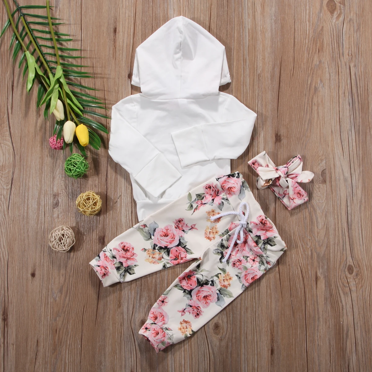 Новорожденных Одежда для детей; малышей; девочек толстовка с капюшоном HoodiesTops+ брюки с цветочным принтом брюки повязка цветок комплект одежды 0-24 м 3 шт