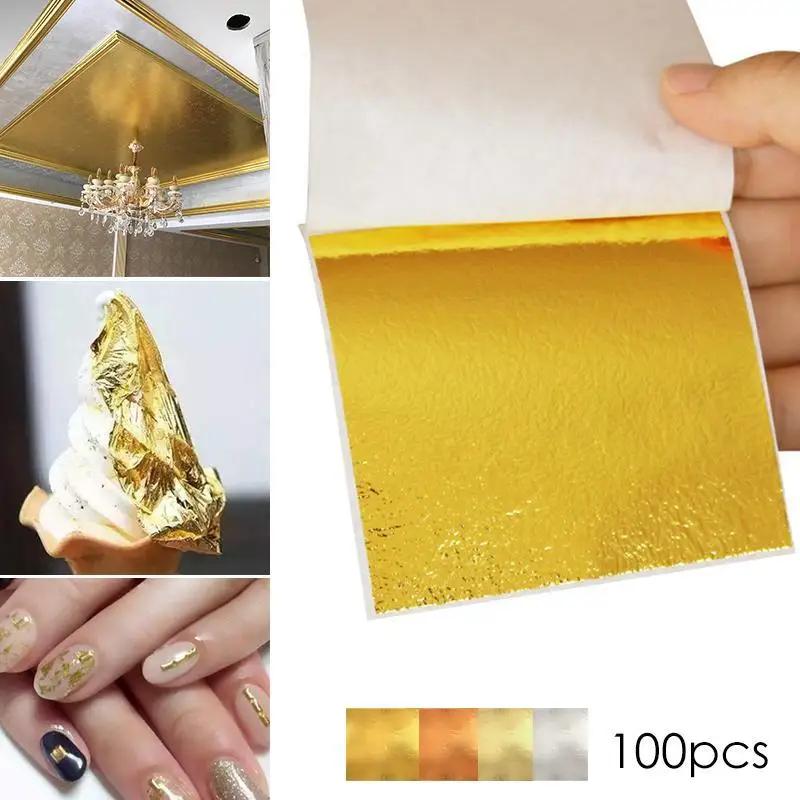 100Sheets Imitation Gold Sliver Copper Leaf Leaves Metal Foil Sticker