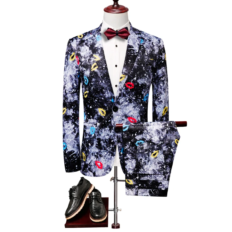 Британский стиль, дизайнерский повседневный мужской костюм с принтом губ, мужской костюм из 2 предметов, модный приталенный пиджак, брюки, Б...