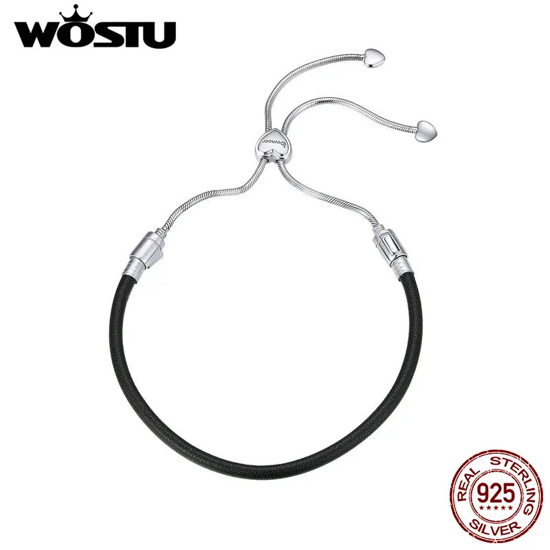 

WOSTU Genuine 925 Sterling Silver Black Leather Bracelets Lace Up Chain Link Vintage Bracelets For Women Fashion Jewelry CQB120