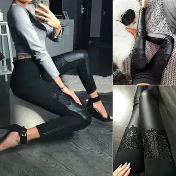 

2019 Fashion New Women Sexy Lace PU leather Pencil Pants Leggings Stretchy Hip Push Up Trousers