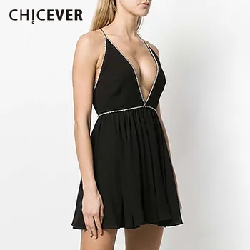 

CHICEVER Beading Patchwork Sexy Sleeveless Spaghetti Strap Party Dress For Women V Neck High Waist Dresses Female Summer 2020
