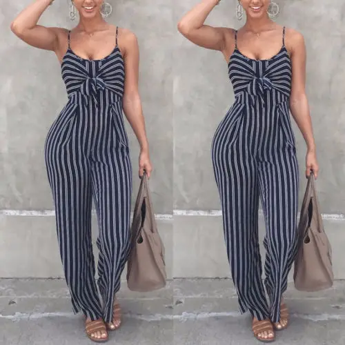 

Women Stripe Jumpsuits Casual Spaghetti Strap Lace Up Bodysuit Romper High Quality Summer Ladies Sleeveless Playsuit Trousers