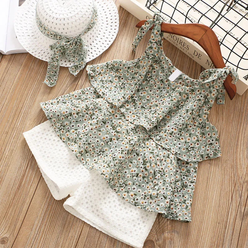 Children Summer Clothes Sets  New Style Girls Sleeveless Sling Floral Chiffon Clothes Suits And Straw Hat 3pcs Baby Clothes