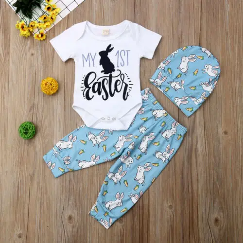 

2019 My 1st Easter Newborn Baby Boy Girl Romper+Pants+Hat 3Pcs Outfits Clothes Support wholesale