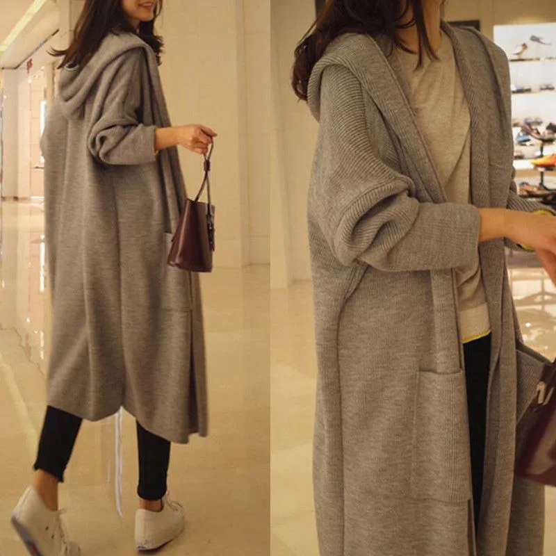 Women Gray Warm Coat Loose Knit Sweater Cardigan Oversize Outwears