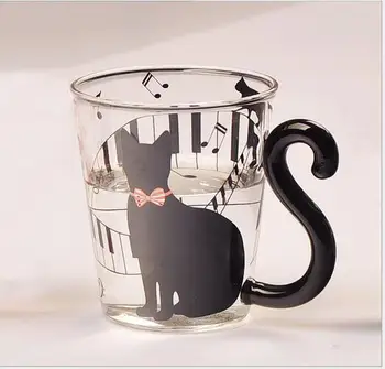 

Piano Key Cat Kitten Glass Mug Milk Coffee Tea Mug With Tail Handle Handmade Glass Drink Bar Glass Beer Mug Milk Cup Drinkware