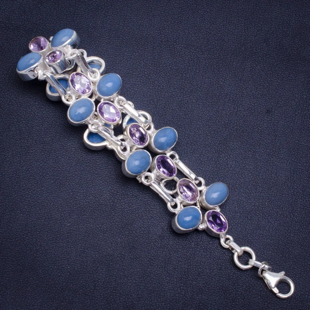 

Natural Owyhee Opal and Amethyst Handmade Unique 925 Sterling Silver Bracelet 6.5-7.25" A2946