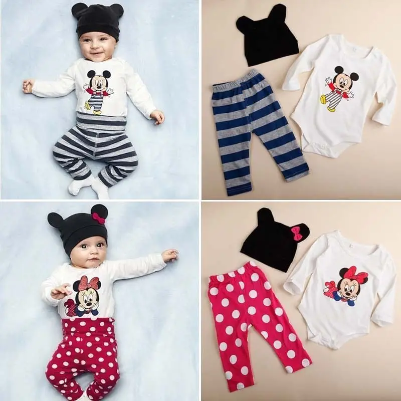 Pudcoco Baby Set 0-24M 3pcs Newborn Infant Boys Girls Outfits Hats+Bodysuit+Long Pants Toddler Clothes