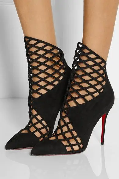 

2019 Sexy Shoe Black Color Sandals Pointed Toe Hollow With Mesh Cutouts Shoes Woman In High Heels For Party Ladies Thin Heel
