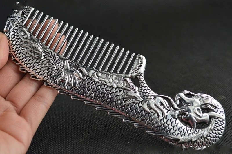 

Chinese Old Decoration Collectibles Handwork Tibet Silver Carving Dragon Comb