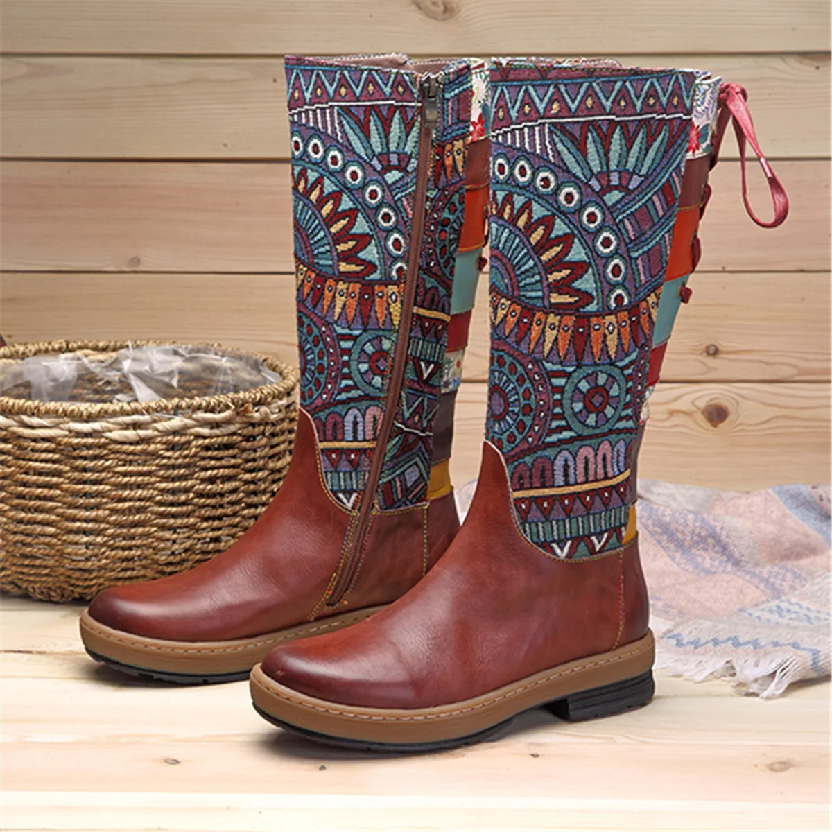 

Vintage Mid-calf Boots Women Shoes Bohemian Retro Genuine Leather Motorcycle Boots Printed Side Zipper Back Lace Up Botas