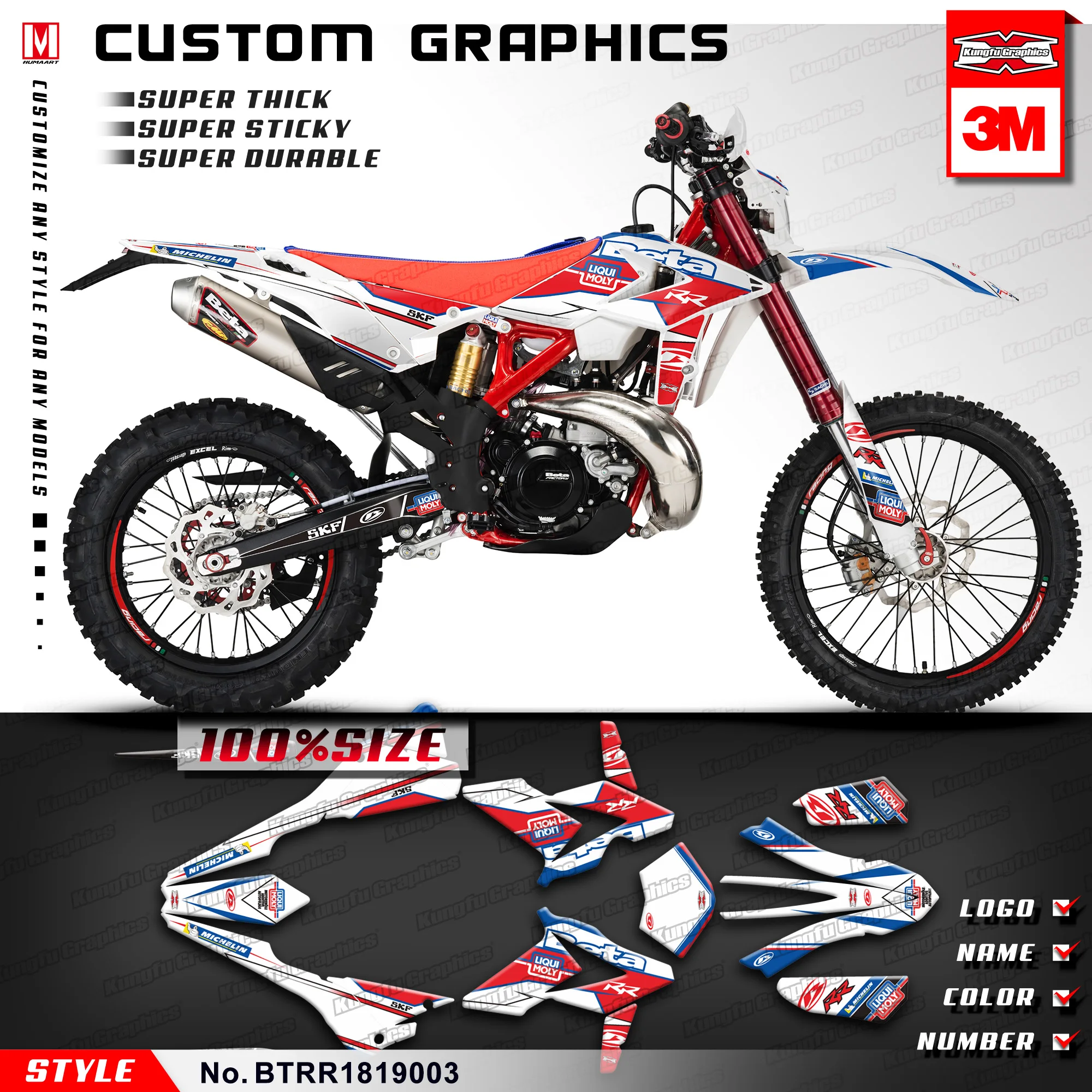 

KUNGFU GRAPHICS Personalised Stickers MX Decals Vinyl Wrap for Beta 250 300 350 390 430 480 RR 2018 2019 (Style no. BTRR1819003)