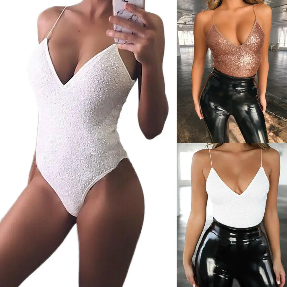 

Hirigin Women Lady Sexy Sleeveless Sequin Solid Short Romper Jumpsuit Bodysuit Stretch Top