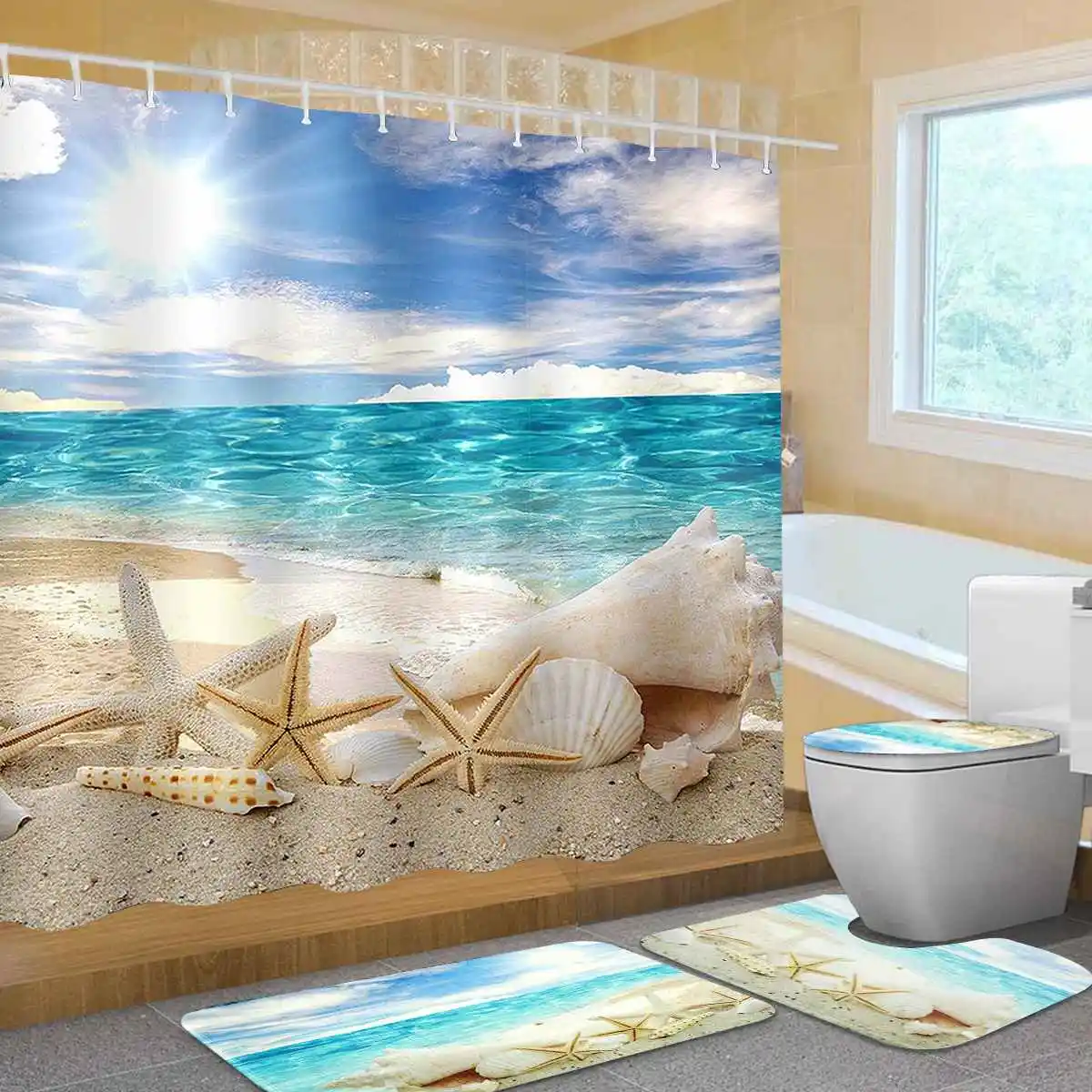 

1Set Beach Waterproof Bathroom Beach Shower Bathroom Curtain+Bath Mats Anti Slip Toilet Pattern Carpet