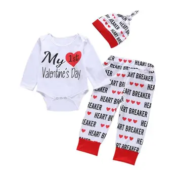 

Fashion Valentine Day Letter Print Rompers Pants Hat 3pcs/Set Clothing Set Casual Cotton Outfits For Newborn Baby Girls