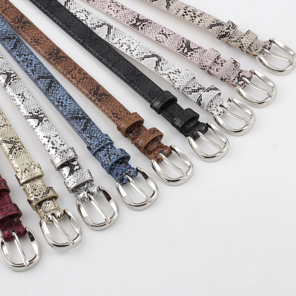 

Vintage Women's Snakeskin Pattern Leather Thin Belts Adjuatable Gold Silver Metal Buckle Pin Waist Belts Dress Jeans Waistbands