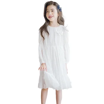 

white lace long sleeve dress vintage party frocks age for 6-14 yrs big girls elegant princess costume 2019 spring autumn clothes