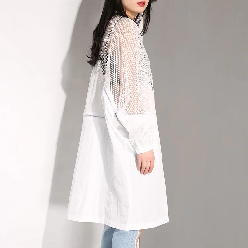 Montant Grande Col Lâche Printemps À Veste Nouveau Taille Mode D'été Blanc eam Jq181 Creux 2019 Zipper Manches White Out Longues Manteau Femmes Iv6X0x