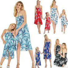 Одинаковые платья для мамы и дочки; пляжная одежда; платье миди с цветочным принтом для девочек и мам; Boho; платье на бретелях размера плюс